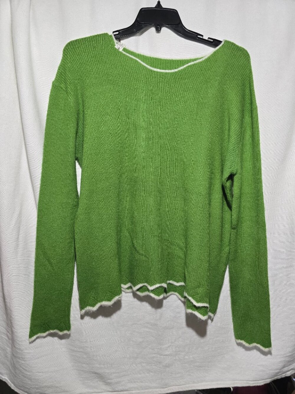 Amazon Brand Green Ribbed Knit Sweater White Scallop Trim Long Sleeve XXL 2X